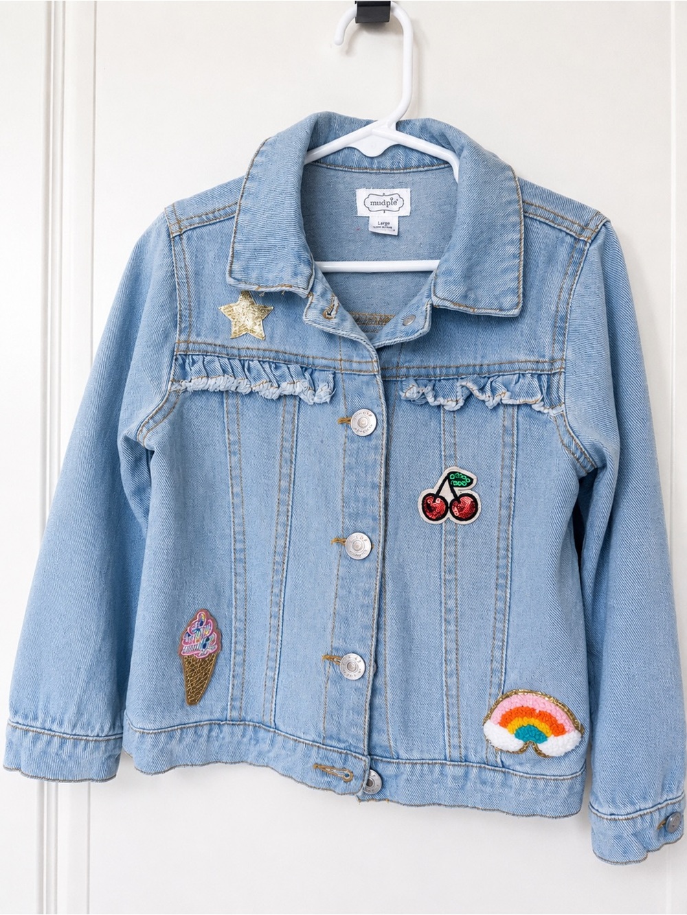 Mud Pie Girls Denim Jean Jacket 4T-5T Cute Patch Detail Ruffle Pockets